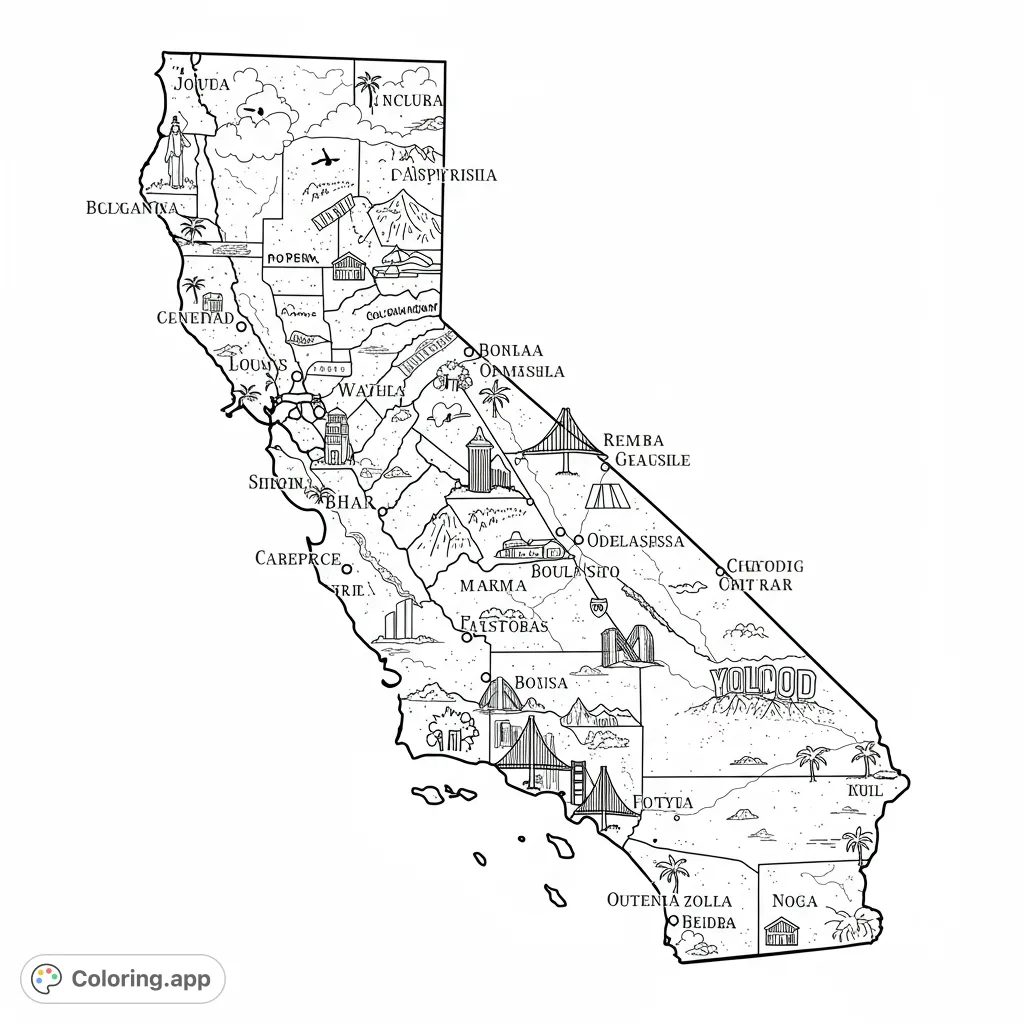 Explore California's iconic landmarks and diverse landscapes in this detailed map coloring page, perfect for all ages and a free printable.