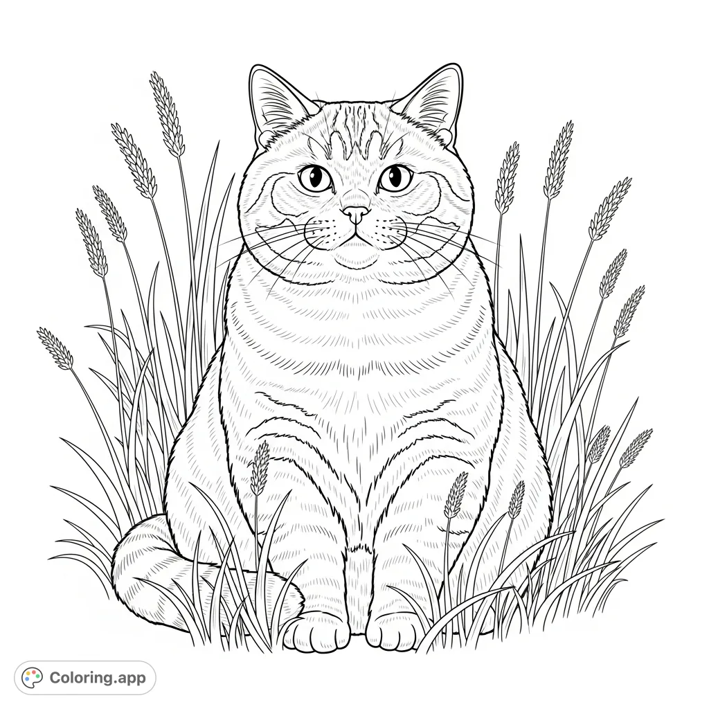 A serene British Shorthair cat with a rounded body sits peacefully amidst tall grass. A delightful coloring page for cat lovers.