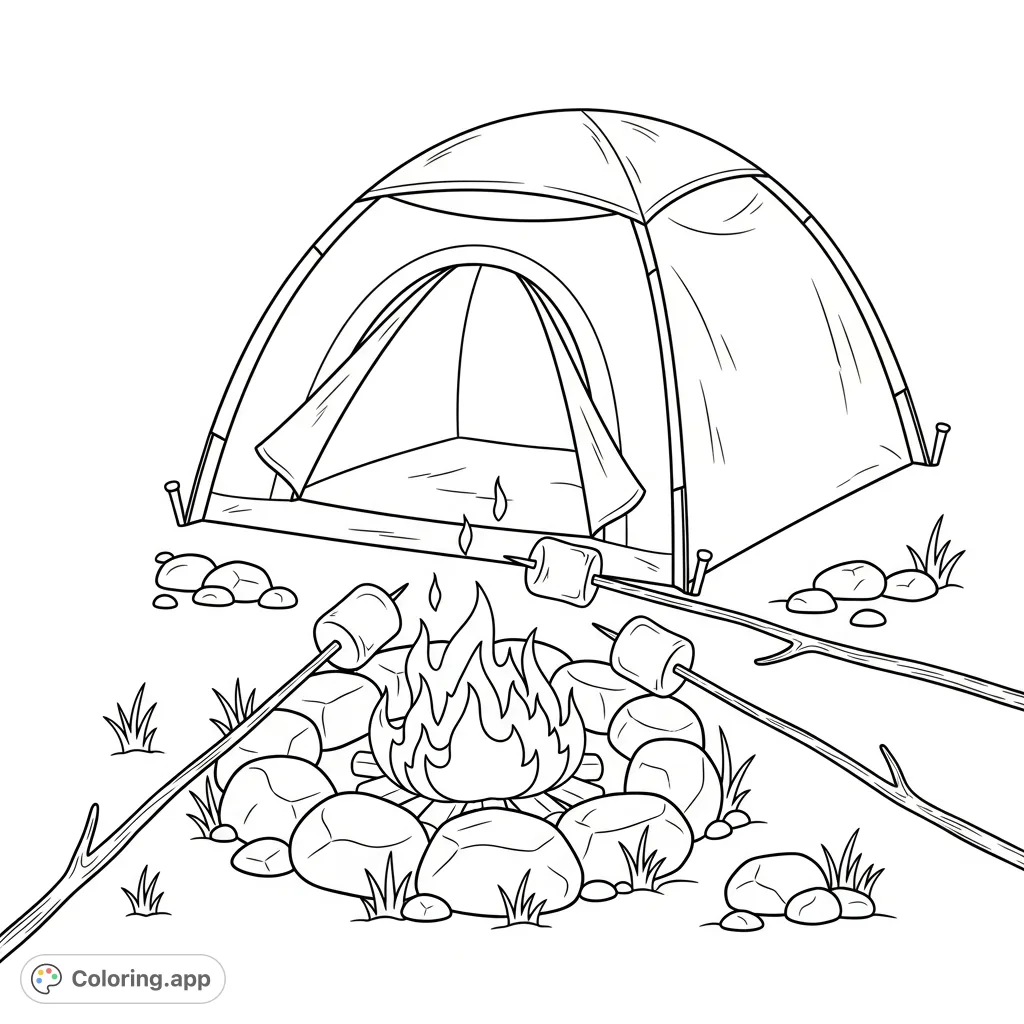 A charming coloring page featuring a cozy tent next to a rock firepit with marshmallows roasting over simplified flames, perfect for a relaxing activity.
