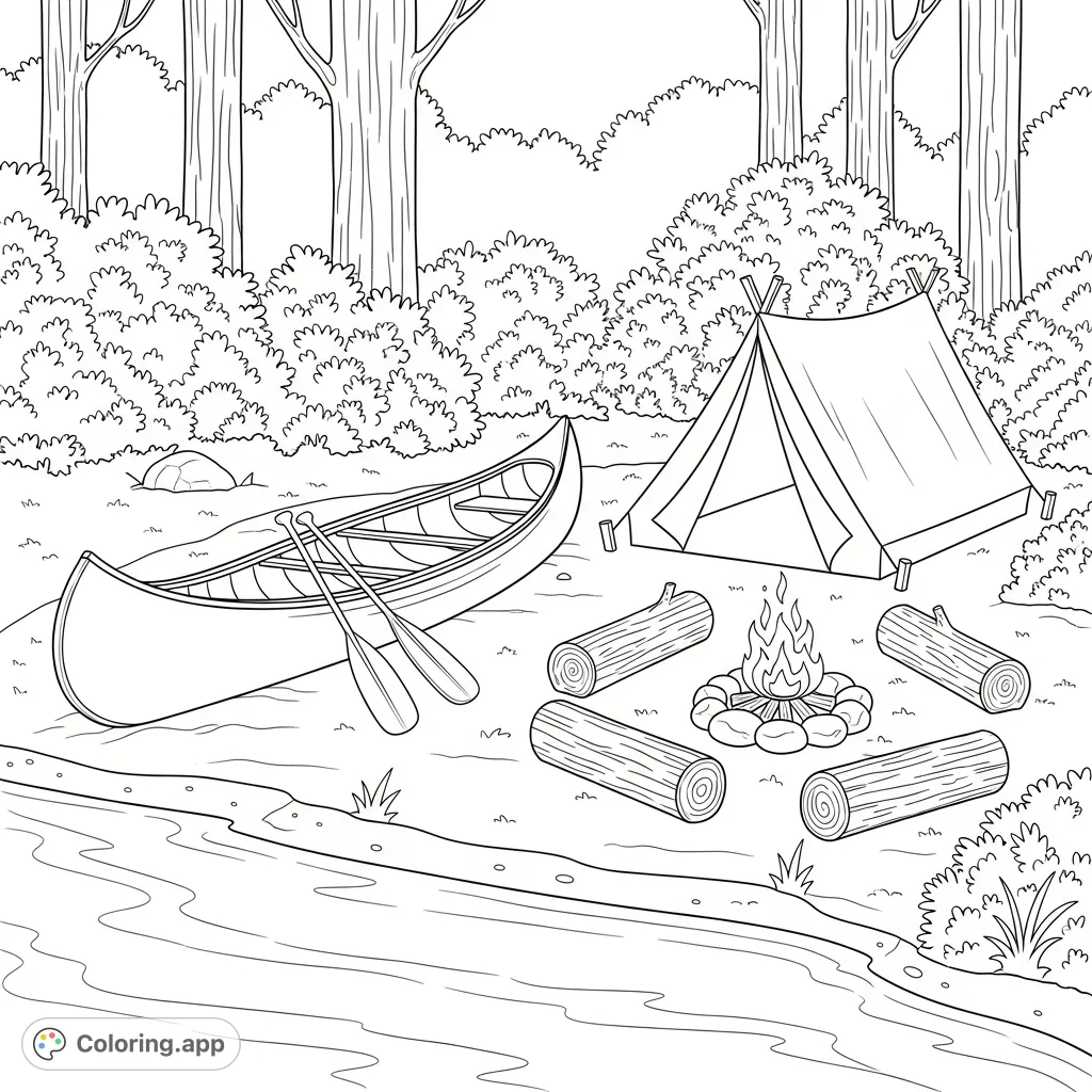 A peaceful lakeside campsite scene featuring a canoe pulled ashore with paddles resting nearby. Includes a tent, campfire, and natural surroundings.