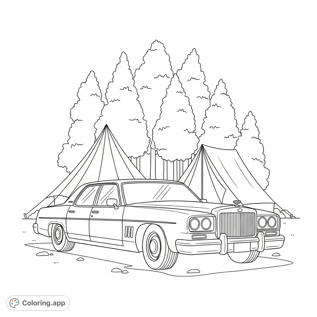 A classic cruiser automobile nestled in a peaceful campsite, flanked by simple tents and stylized trees, perfect for a relaxing coloring escape.