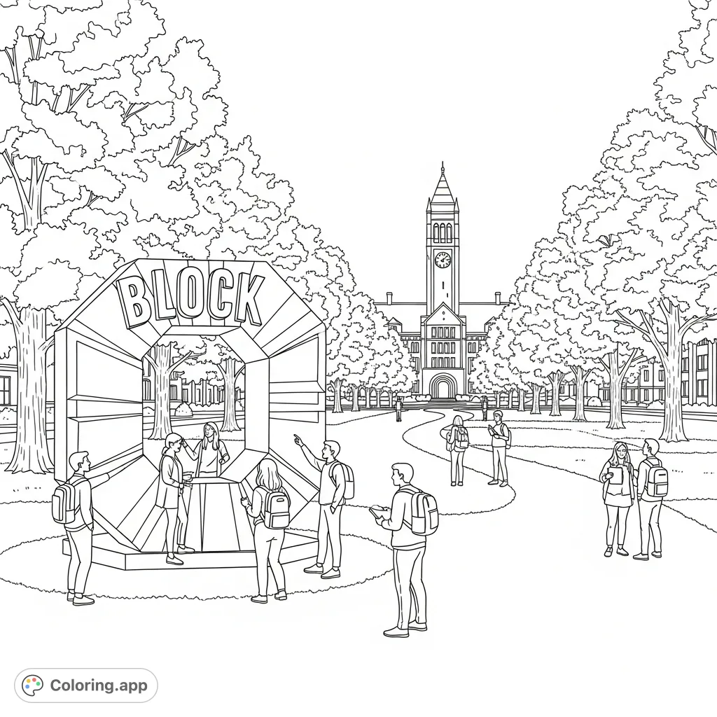 Explore a vibrant campus scene featuring a majestic Block O sculpture, students, and a historic university hall with a bell tower. Perfect for university enthusiasts!