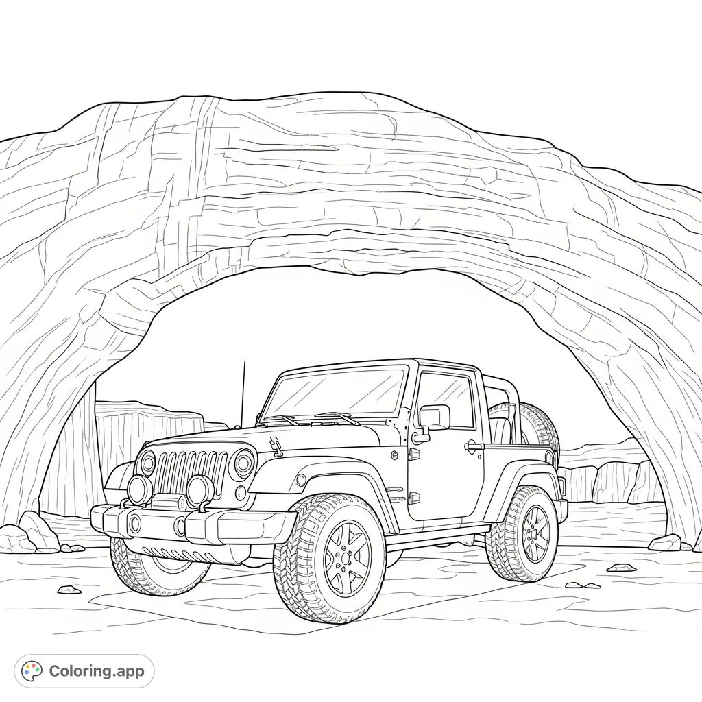 Explore a classic off-road vehicle parked beneath a majestic canyon arch. A perfect adventure scene for detailed coloring fun.