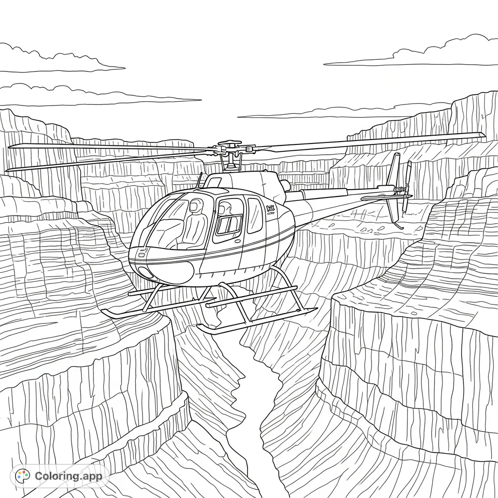 Soar through a dramatic canyon with this helicopter coloring page, featuring detailed rock walls and an adventurous aircraft. Perfect for all ages!