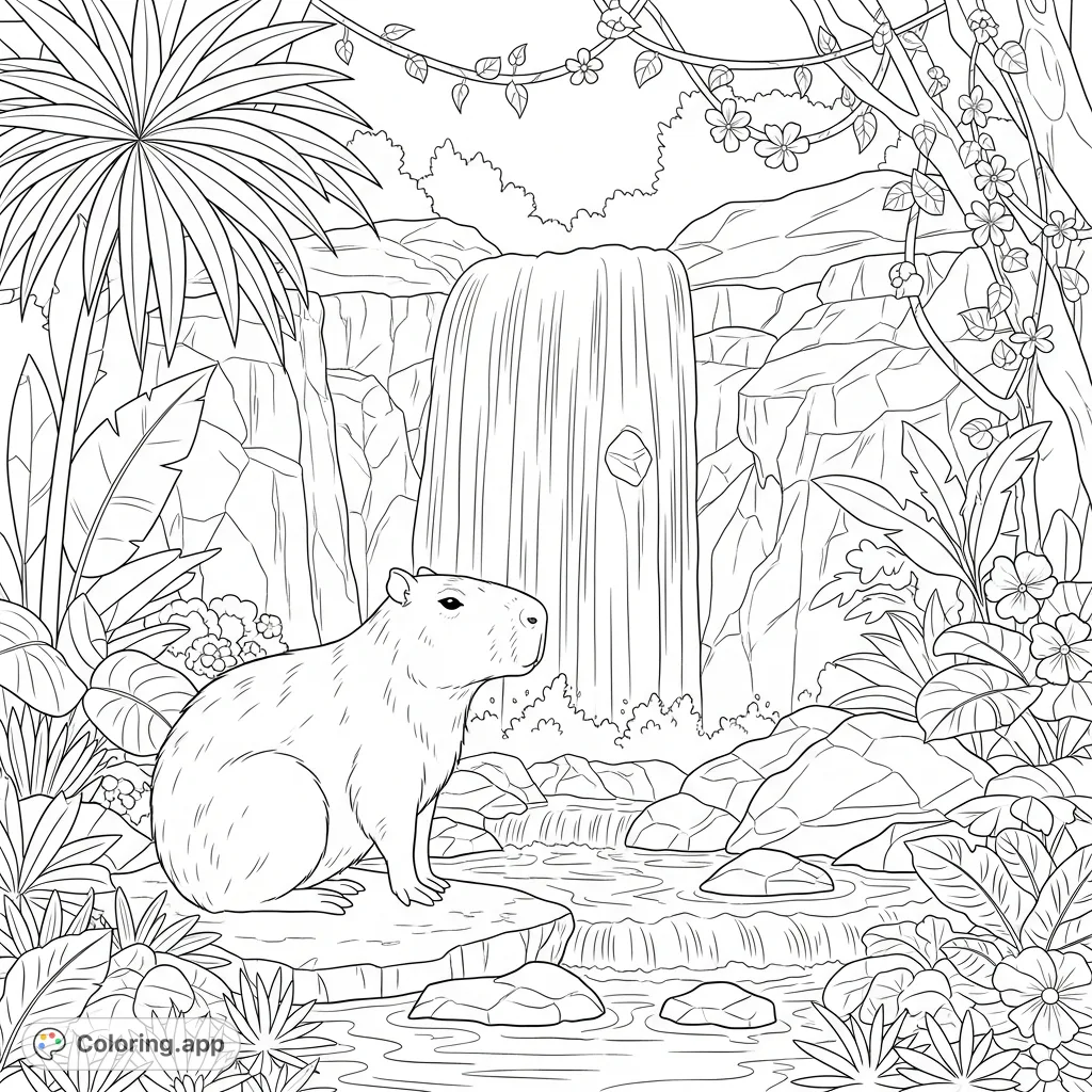 Discover a serene capybara resting by a cascading waterfall amidst lush jungle flora. A peaceful nature scene, perfect for relaxation and creative coloring.
