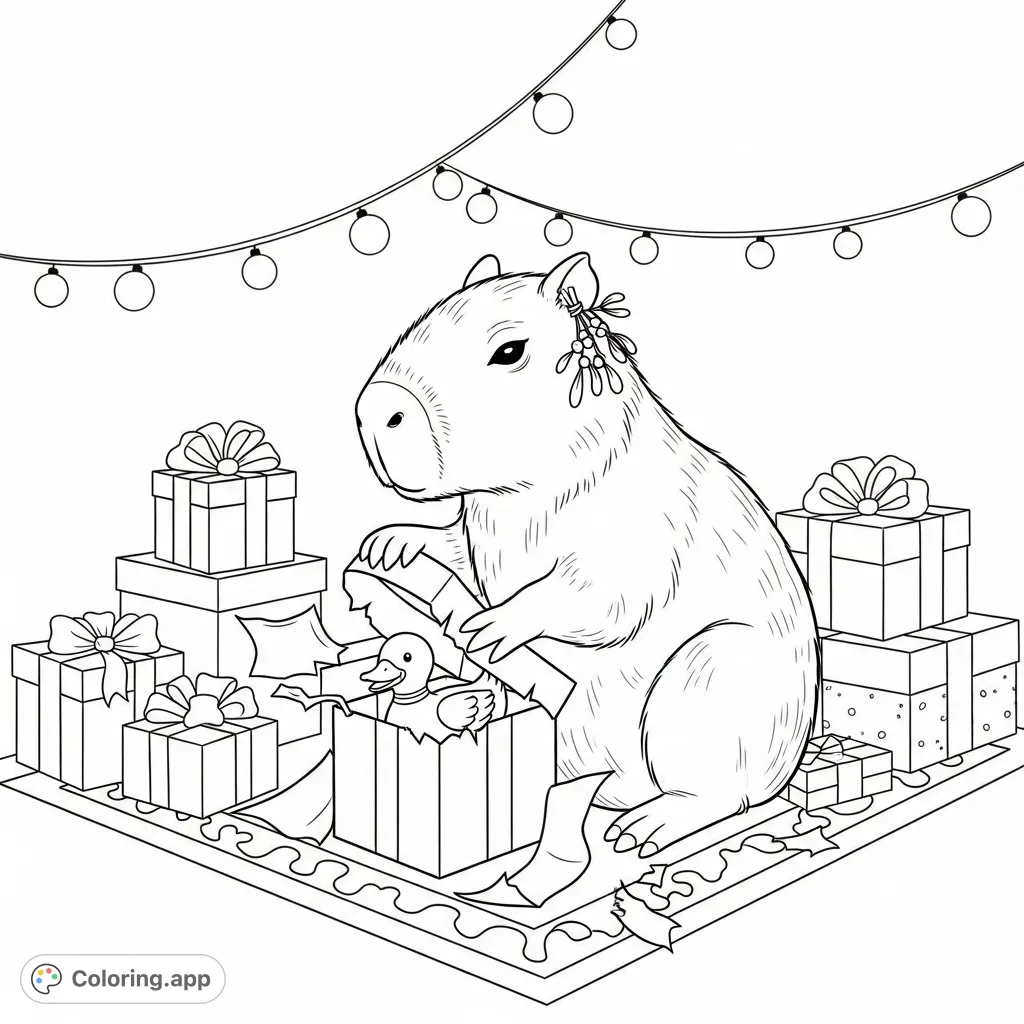 A charming capybara unwraps a special gift, surrounded by festive presents and twinkling lights. A delightful Christmas capybara coloring page for all ages!