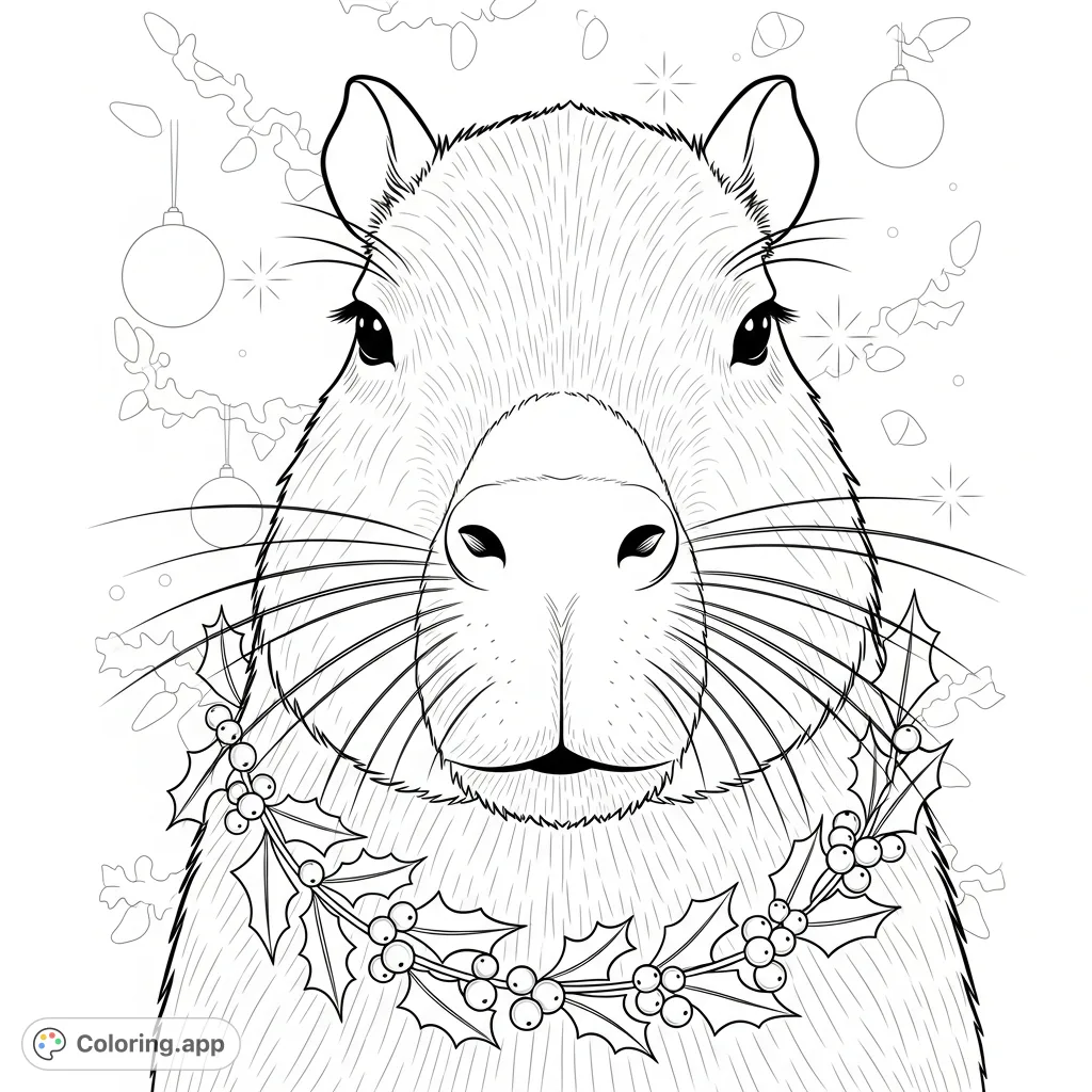 A charming capybara wearing a holly wreath against a festive, blurred background. This capybara coloring page brings holiday cheer. A delightful free printable.