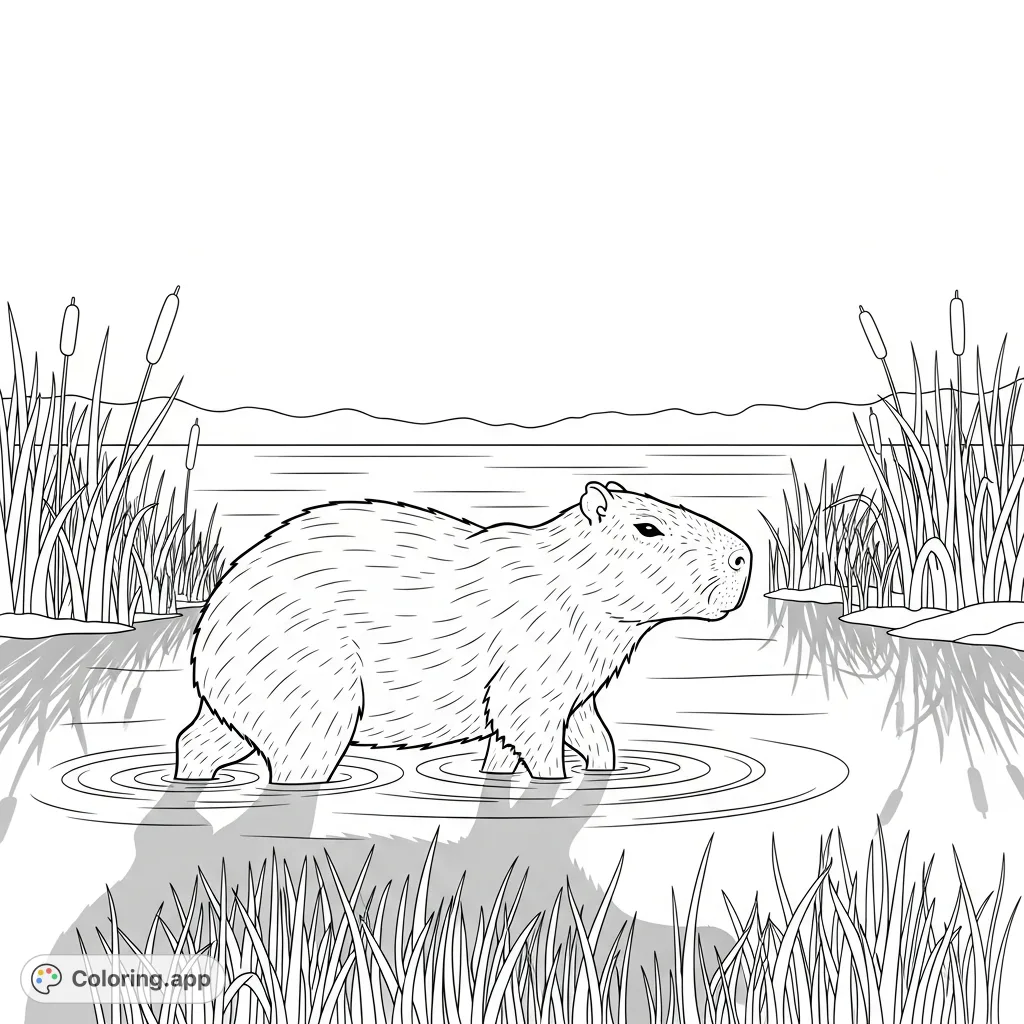A peaceful capybara coloring page depicting a capybara approaching a watering hole at sunset, surrounded by tall reeds and reflective water. A serene animal scene.