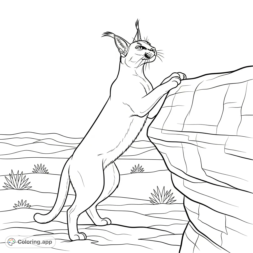 A majestic caracal with prominent ear tufts is shown climbing a textured rock ledge. The scene features a clean, simple desert landscape in the background.