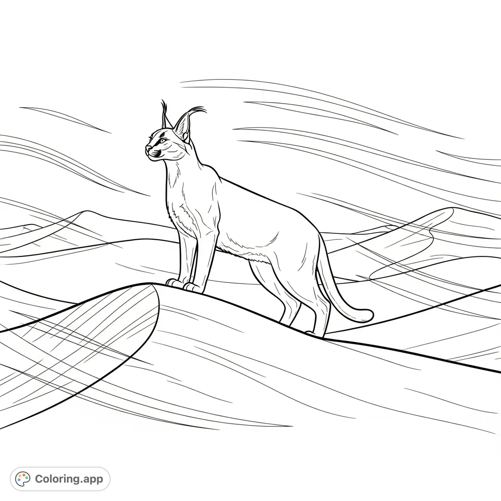 A majestic caracal stands proudly on a desert dune, with its iconic tufted ears prominent and subtle lines suggesting wind. A captivating wildcat scene.