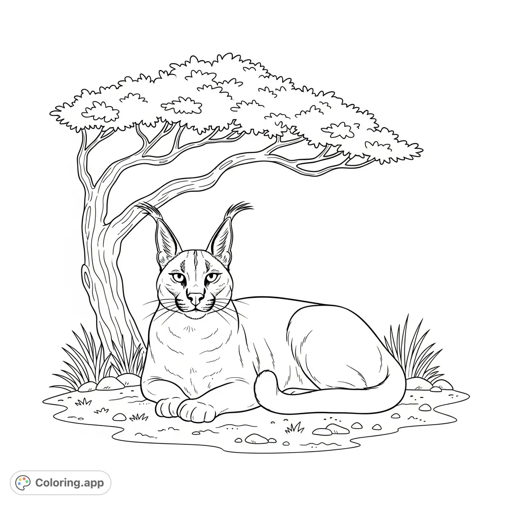 A majestic caracal rests serenely under a small, gnarled tree. Its distinctive tufted ears and relaxed pose create a peaceful, detailed scene for coloring.