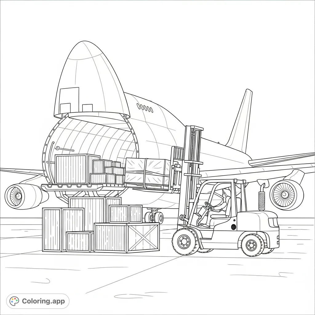 Color a dynamic scene featuring a large cargo plane on a tarmac, with a forklift busy loading various crates into its wide-open bay. An engaging aviation theme.