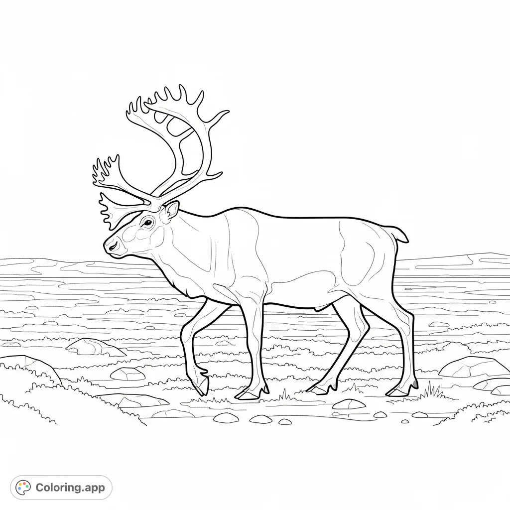 A majestic caribou with bold, simplified antlers walks across an expansive tundra. A serene nature scene for mindful coloring.