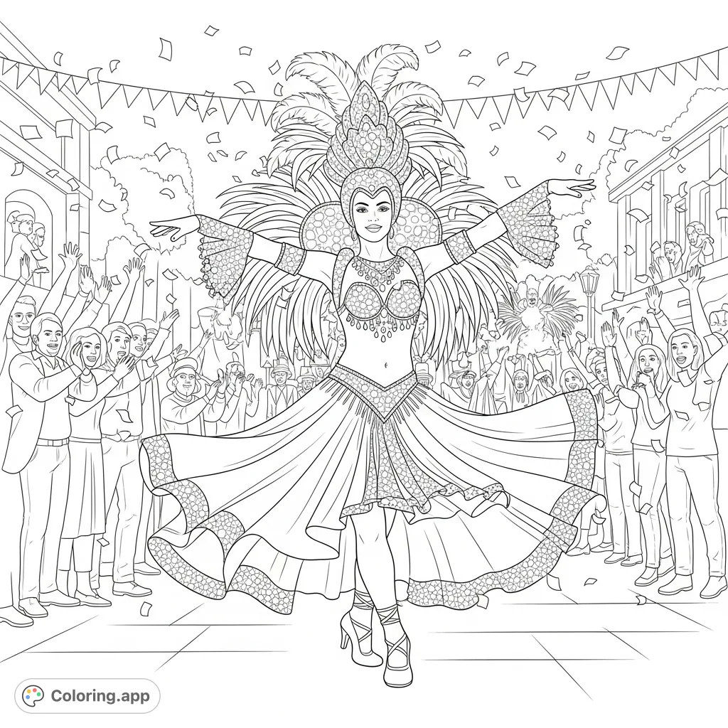 An elaborate carnival dancer in a dynamic pose, surrounded by a cheering crowd and drifting confetti, captures the vibrant energy of a festive street parade.