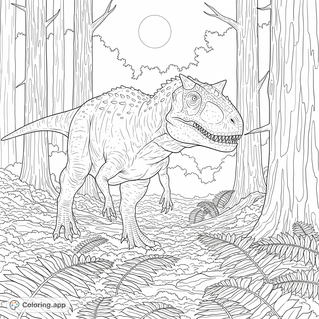A powerful Carnotaurus stalks through a fern-filled forest under a full moon, its sharp teeth bared. A thrilling dinosaur coloring page for all ages.