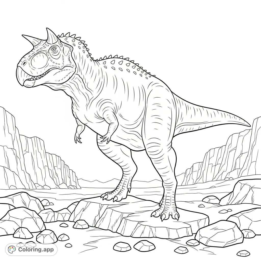 Color a fierce Carnotaurus in profile, featuring its unique horns and short arms, set against a rugged prehistoric landscape of jagged rocks and scattered stones.