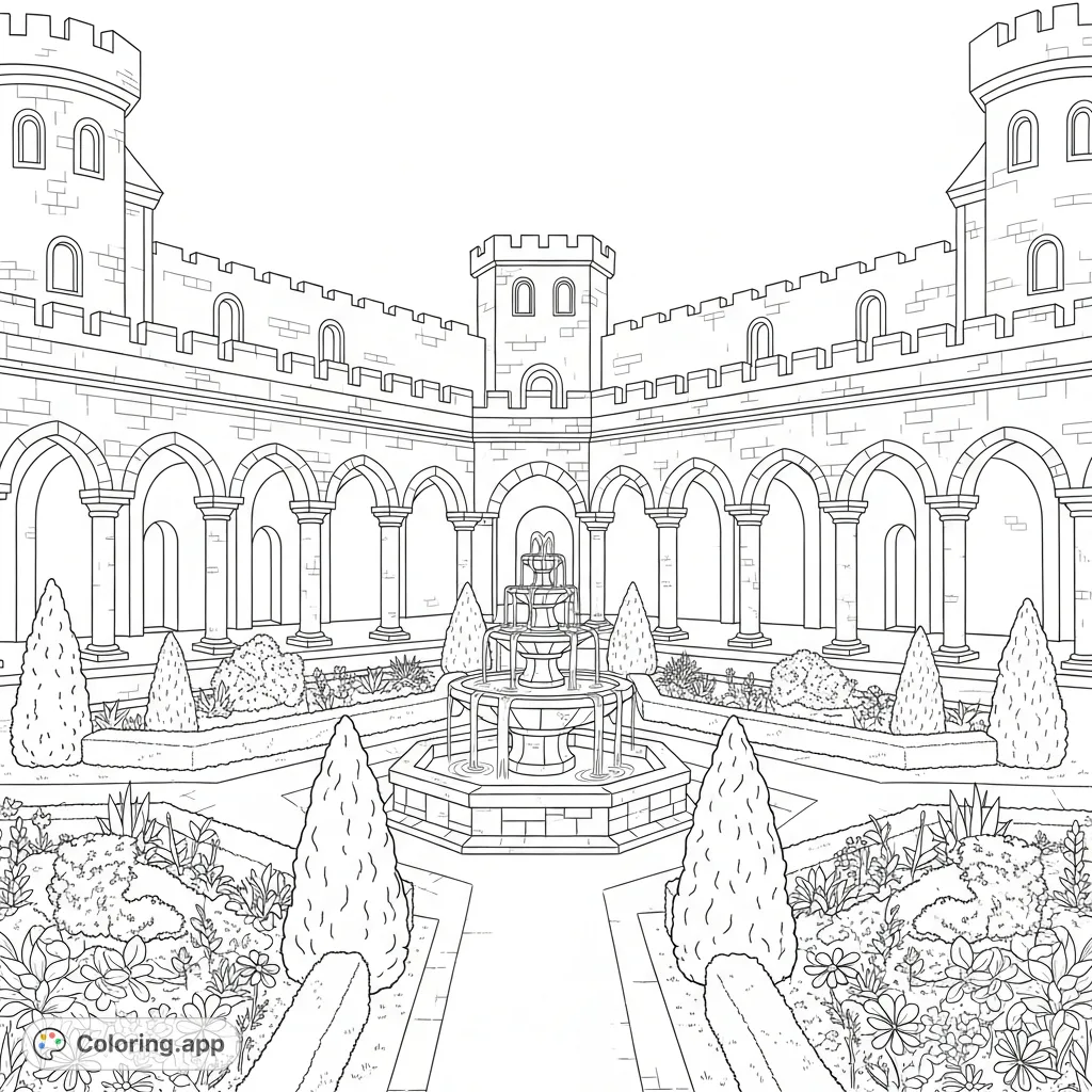 A majestic castle courtyard coloring page featuring a serene garden, an ornate stone fountain, and sturdy columns, offering a delightful scene for all ages.
