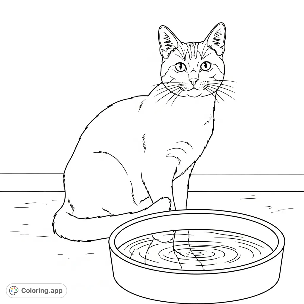 A charming coloring page featuring a domestic cat seated serenely next to a water bowl, detailed with realistic reflections.