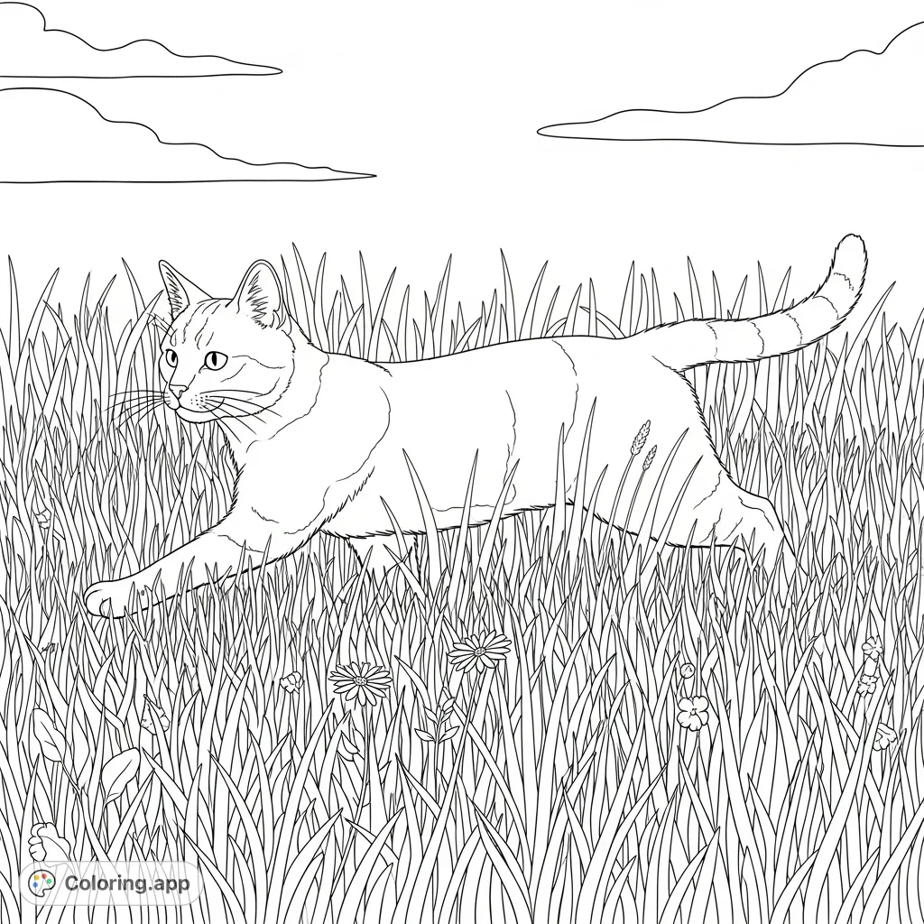 A charming coloring page featuring a domestic cat gracefully navigating through a field of tall, intricate grass, with wildflowers and an open sky.
