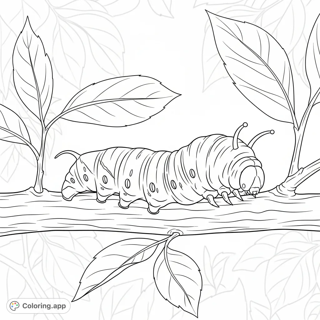 A plump, segmented caterpillar slowly inches across a textured tree branch with visible legs. Lush leaves surround it, hinting at a natural, detailed garden setting.