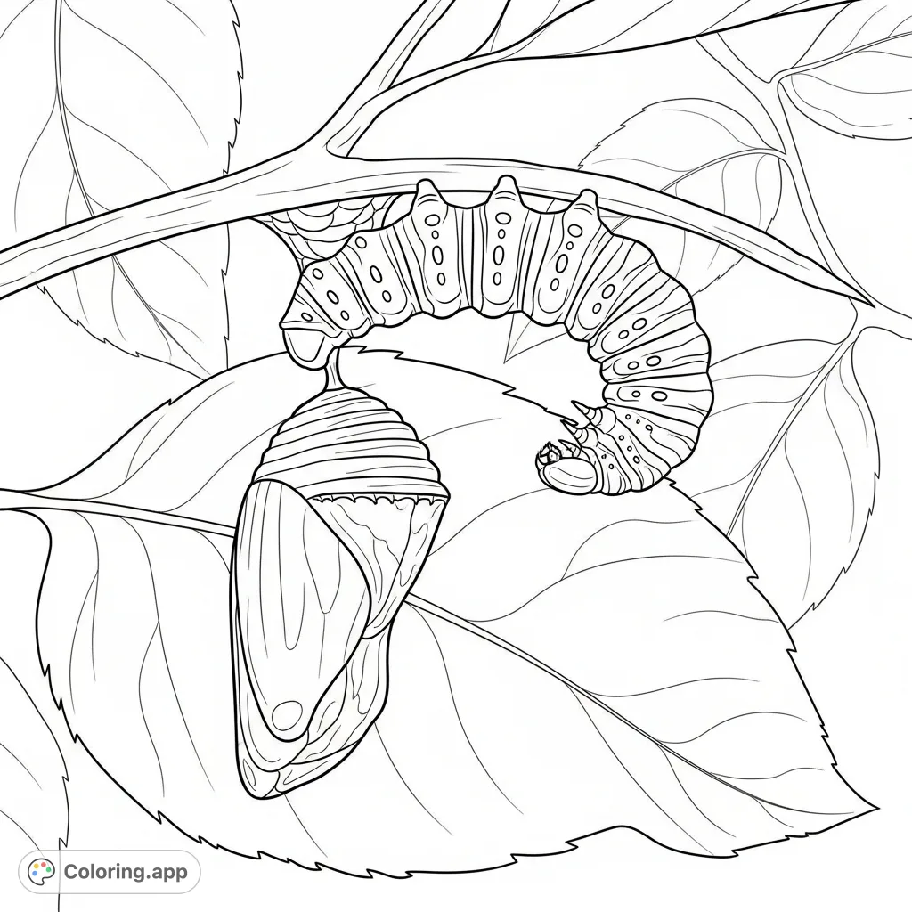 Witness the fascinating life cycle as a segmented caterpillar gracefully begins its transformation, suspended from a leaf, forming its textured chrysalis.