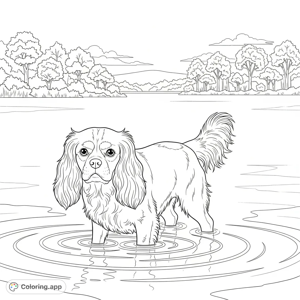 A charming Cavalier King Charles Spaniel stands serenely in shallow lake water, surrounded by soft ripples and a peaceful natural backdrop.