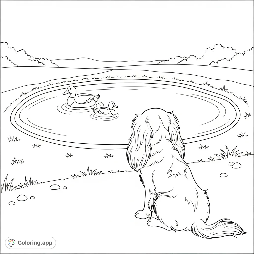 A charming Cavalier King Charles Spaniel sits serenely by a peaceful pond, observing simple duck shapes. A calming nature scene for relaxation.