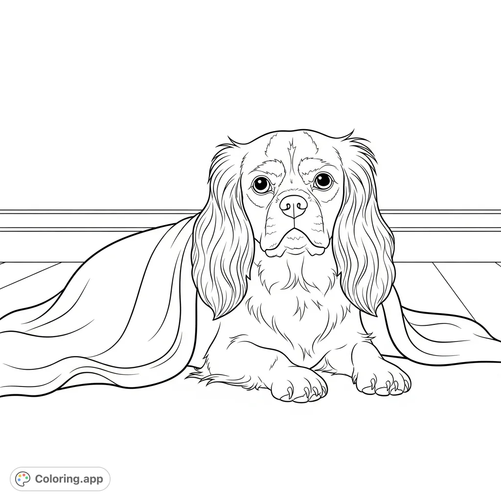 A charming Cavalier King Charles Spaniel rests peacefully on a blanket, inviting detailed coloring of its fur, expressive face, and cozy setting.