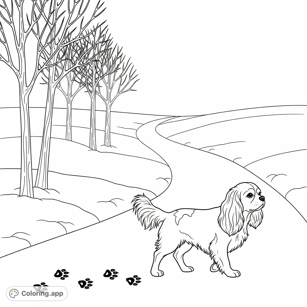 A charming Cavalier King Charles Spaniel explores a serene snowy path, leaving delightful paw prints. Bare winter trees frame this peaceful, crisp scene.
