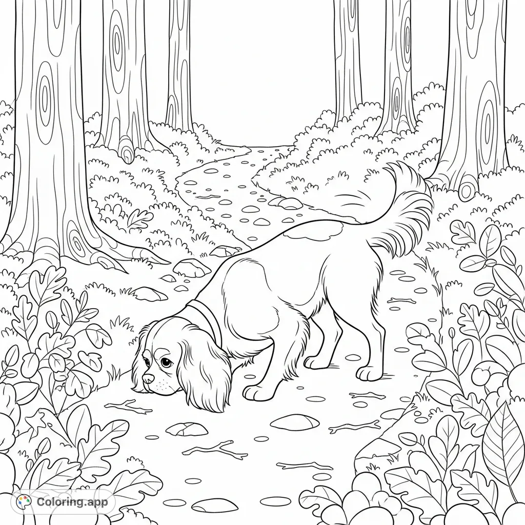 A charming Cavalier King Charles Spaniel explores a forest trail, head down, sniffing simplified leaves and twigs in a peaceful woodland setting.