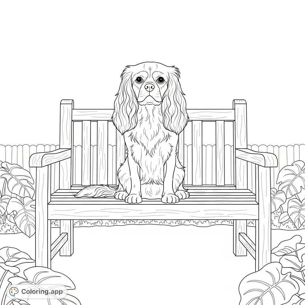 A charming Cavalier King Charles Spaniel sits serenely on a rustic wooden garden bench amidst a subtly detailed garden backdrop, perfect for pet lovers.