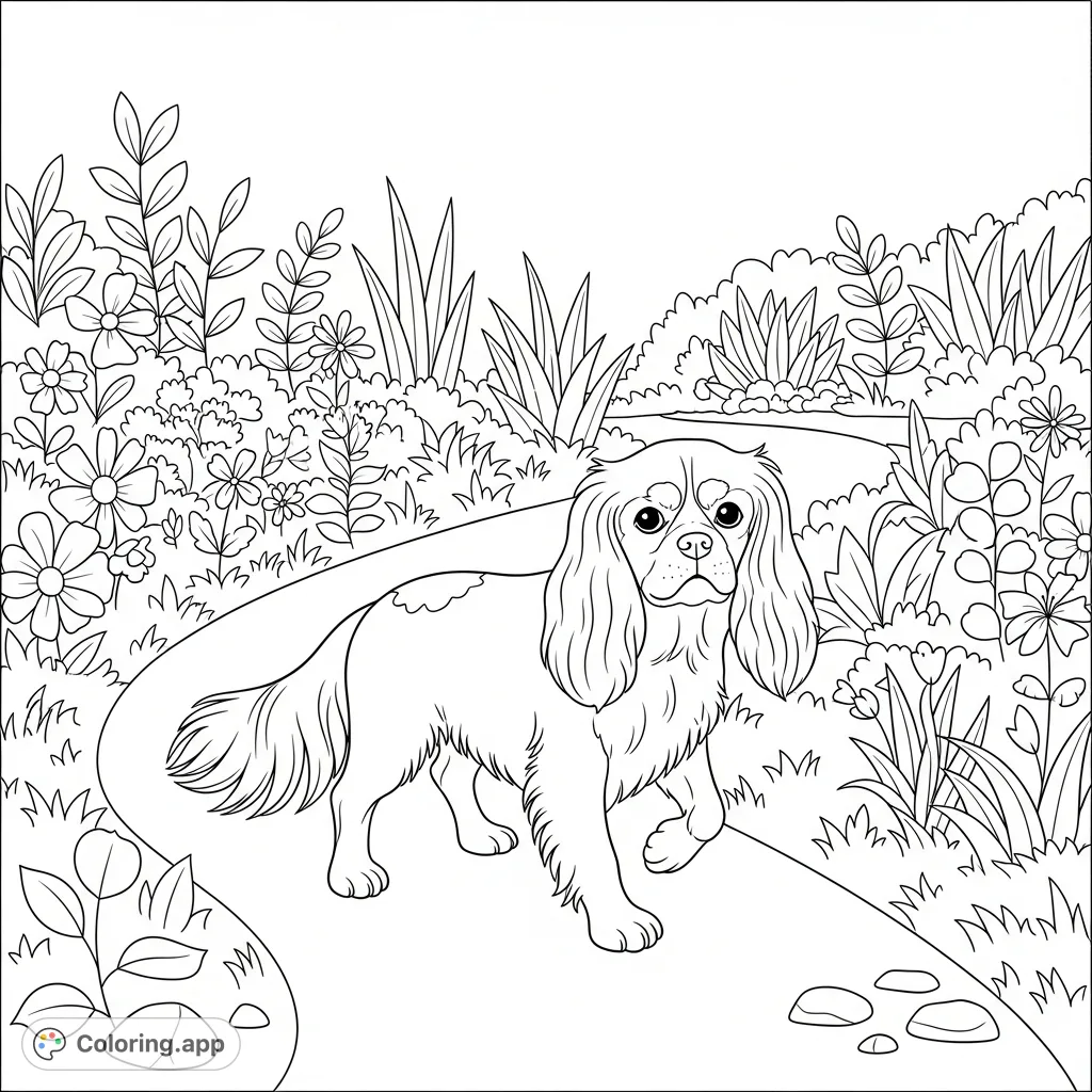 A charming Cavalier King Charles Spaniel strolls calmly along a winding garden path, flanked by simplified flowers and leafy plants.