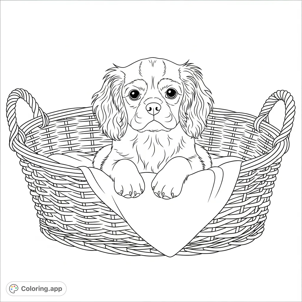 An adorable Cavalier puppy sits comfortably inside a wicker basket with simplified weaving, featuring a fluffy tail and large, gentle eyes.
