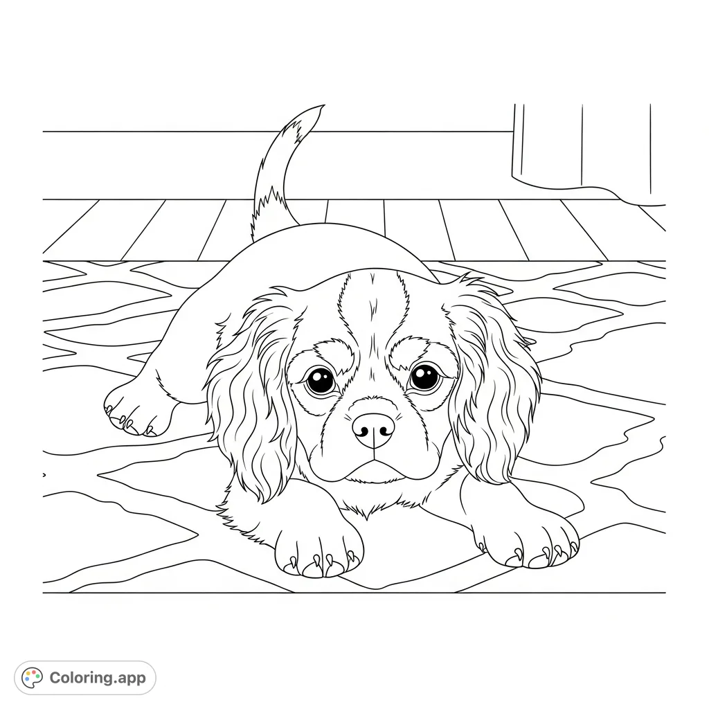 A charming Cavalier puppy rests on a cozy rug, showcasing its sweet features and soft fur. A delightful scene for animal lovers of all ages.