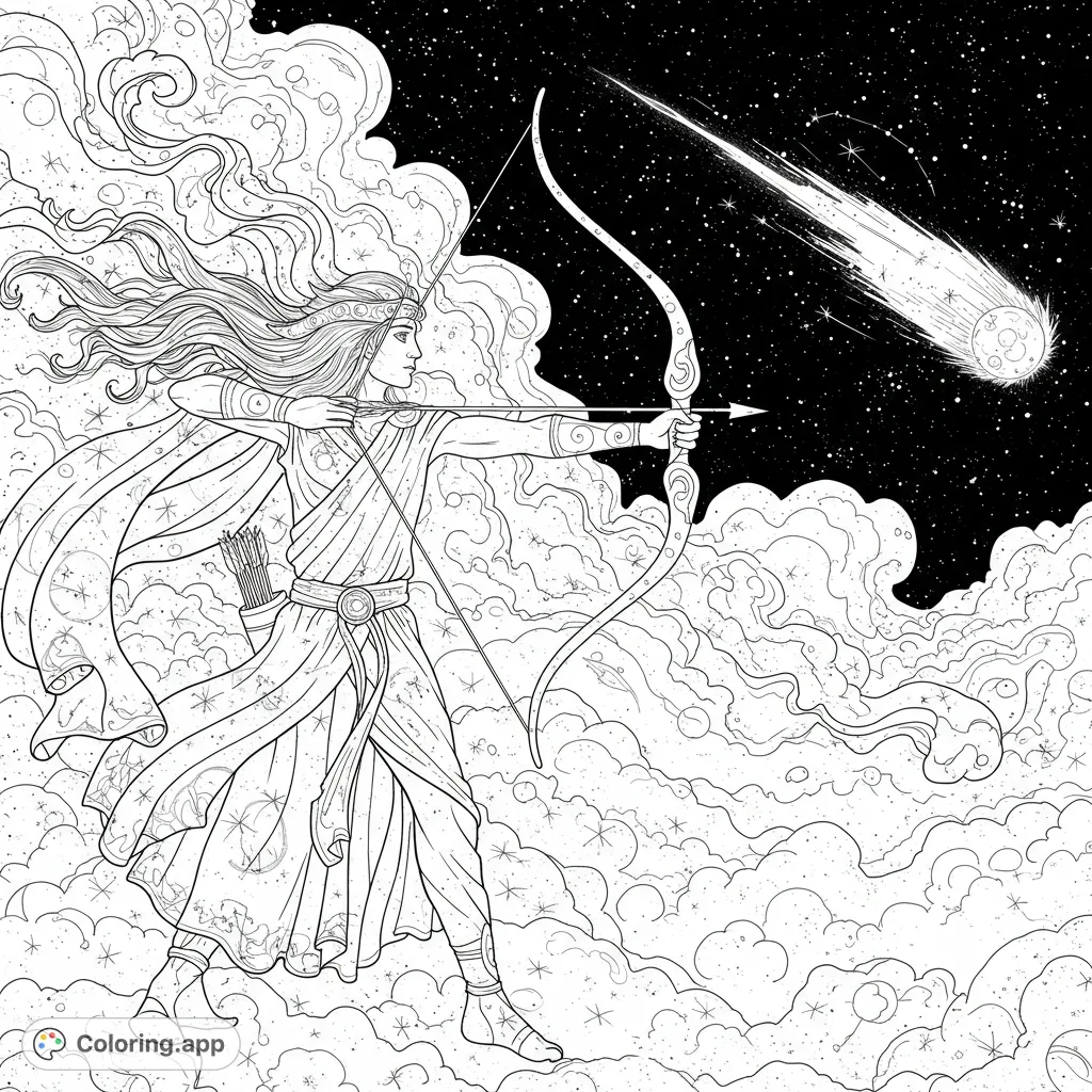 A majestic celestial archer aims her bow at a streaking comet across a starry sky, surrounded by swirling cosmic clouds. A free printable celestial archer coloring page.