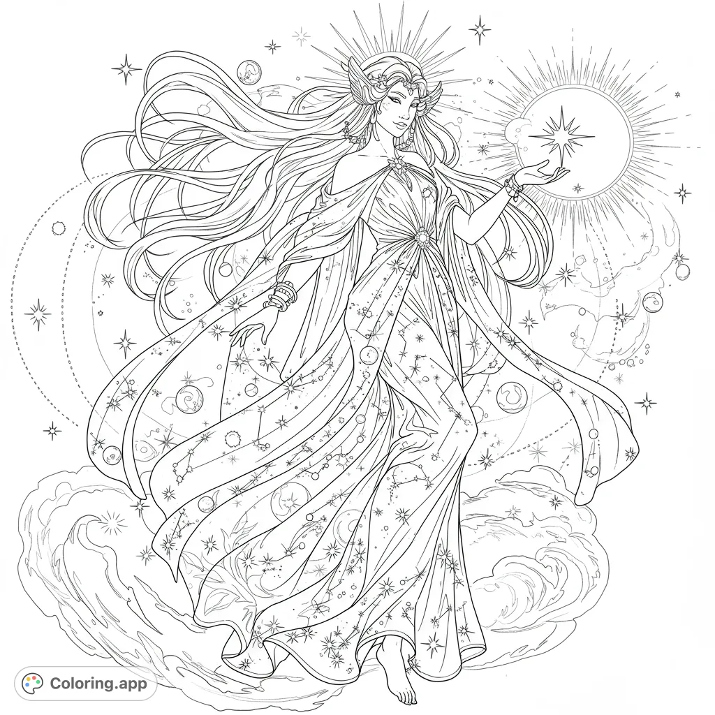 A majestic celestial goddess with flowing hair and a star-patterned gown, holding a radiant star amidst cosmic elements. Perfect for fantasy coloring.