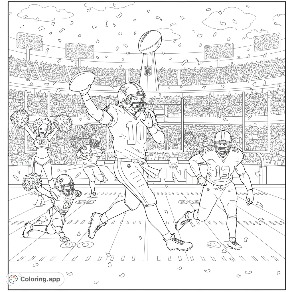 Dynamic football championship scene with players, cheerleaders, and a stadium crowd. A free printable football coloring page for all ages.