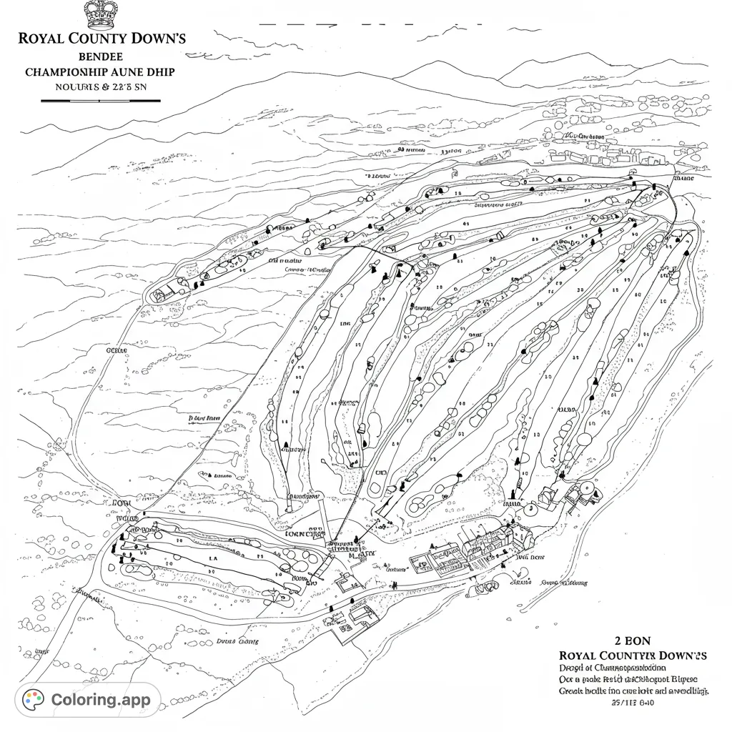 Explore a detailed golf course map, featuring intricate fairways, greens, and bunkers. A free printable golf course coloring page for all ages.