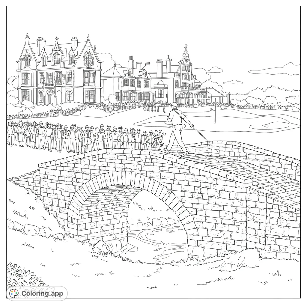 A detailed golf coloring page featuring a golfer on a stone bridge, a large crowd, and grand buildings, perfect for sports enthusiasts.