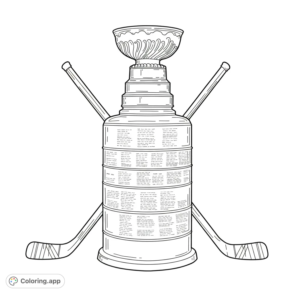 Celebrate victory with this detailed hockey championship trophy coloring page, featuring crossed sticks. A free printable for sports fans!