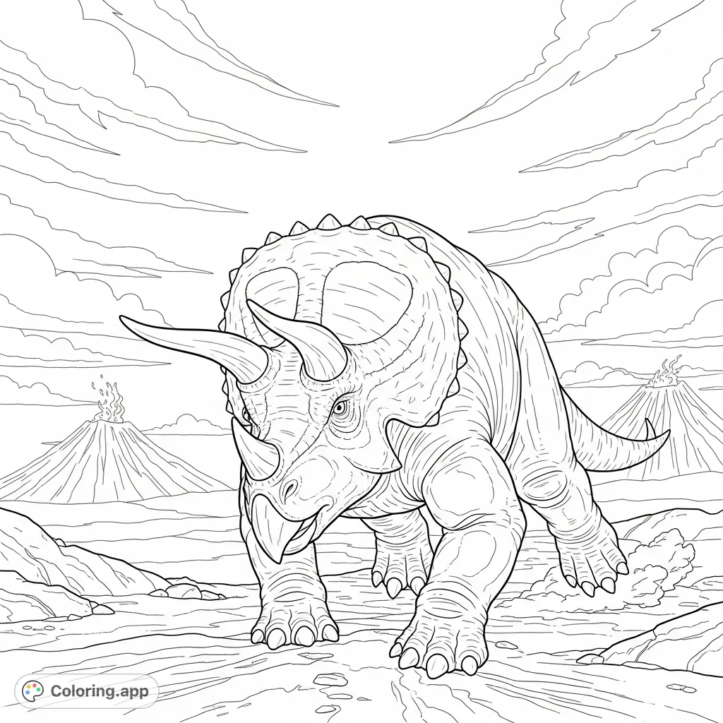 Witness a powerful Triceratops charging across a rugged prehistoric landscape. A thrilling dinosaur scene for all ages to color!