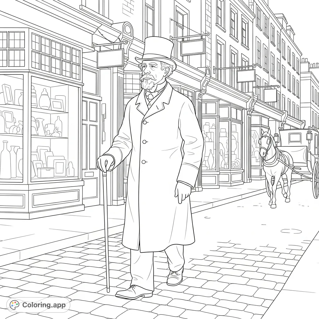 Step into Victorian London with this Charles Dickens coloring page. Depicts the famed author observing a bustling cobbled street with period shopfronts and a carriage.