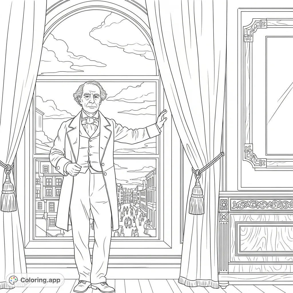 Charles Dickens stands by an arched window, observing a detailed street scene below. A velvet curtain and polished furniture adorn the dimly lit room.