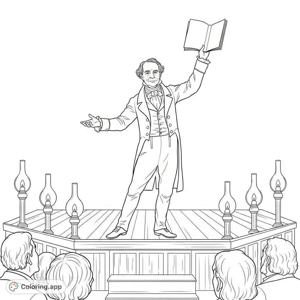 Capture the iconic Charles Dickens delivering a captivating performance on a gaslit stage, with an enthralled audience glimpsed in the foreground.