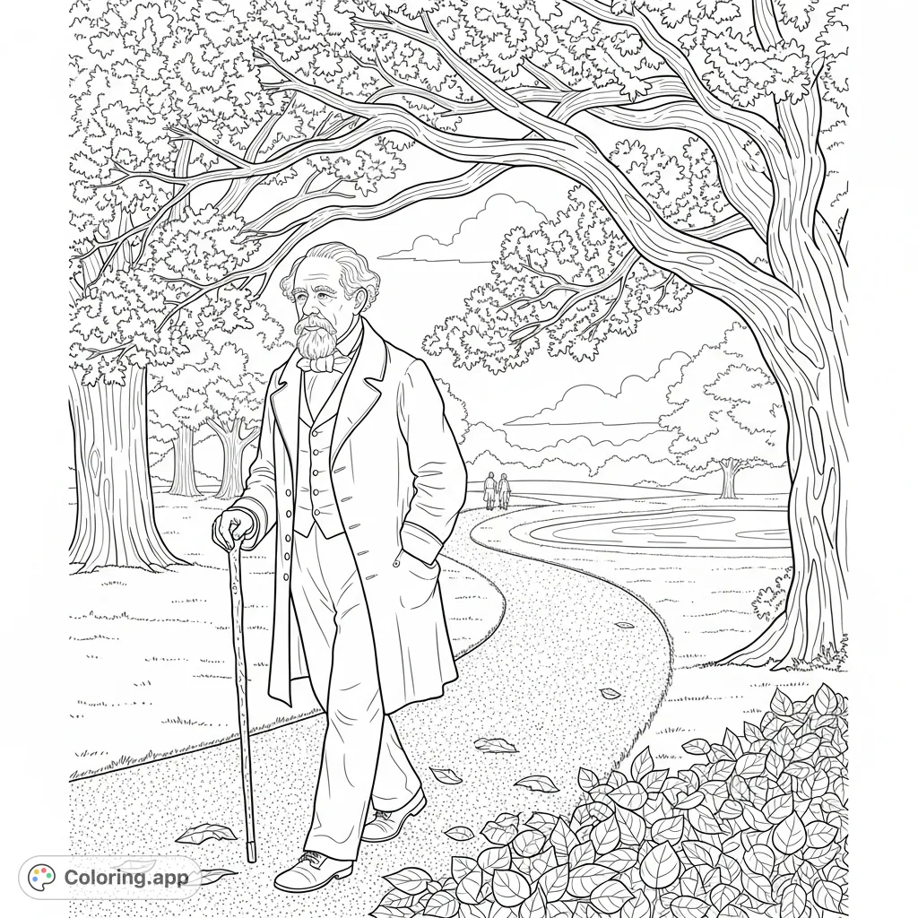 Color a detailed scene of Charles Dickens strolling through a serene park, complete with a winding gravel path, majestic trees, and fallen leaves. A free printable coloring page.