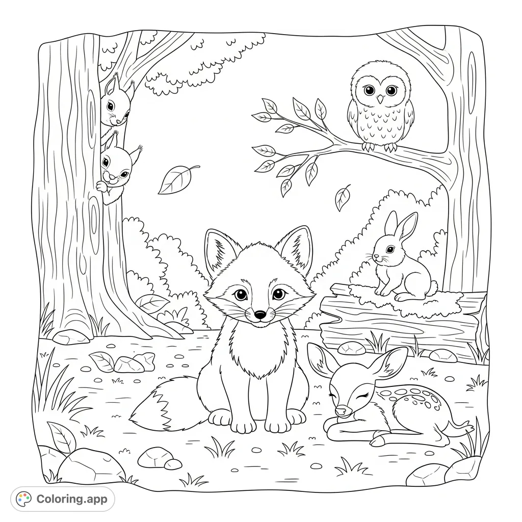 A delightful scene of baby forest animals including a fox, fawn, rabbit, squirrel, and owlet, gathered peacefully in a cozy, detailed forest clearing.
