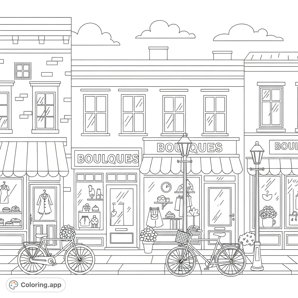 A delightful coloring page depicting a bustling street with small boutiques, inviting window displays, parked bicycles, and architectural details.