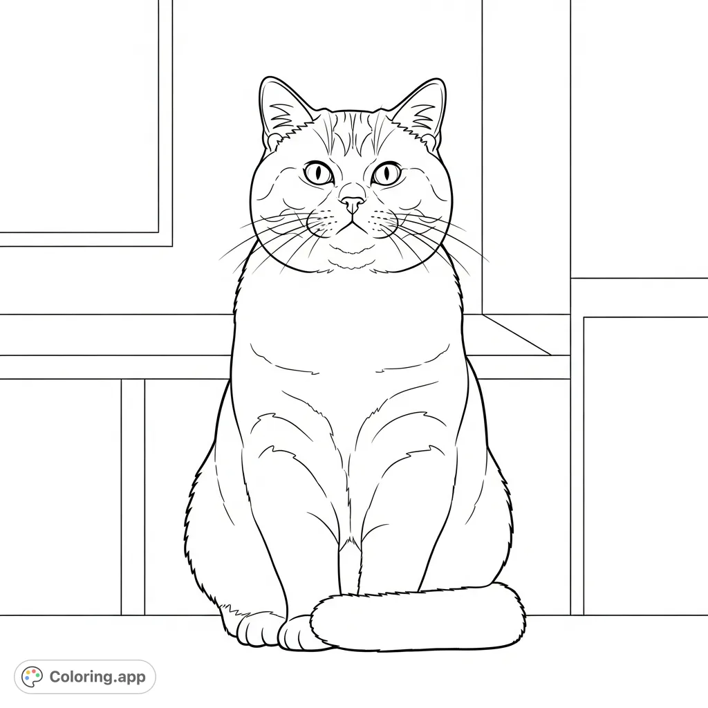 A delightful coloring page featuring a British Shorthair cat with a round face, thick cheeks, and a curled tail, set against a simple indoor background.