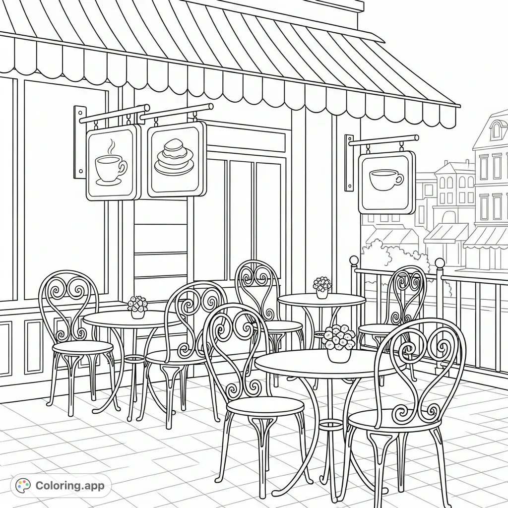 A delightful coloring page featuring a cozy café terrace with intricate wrought-iron chairs, simplified signs, and a charming street view.