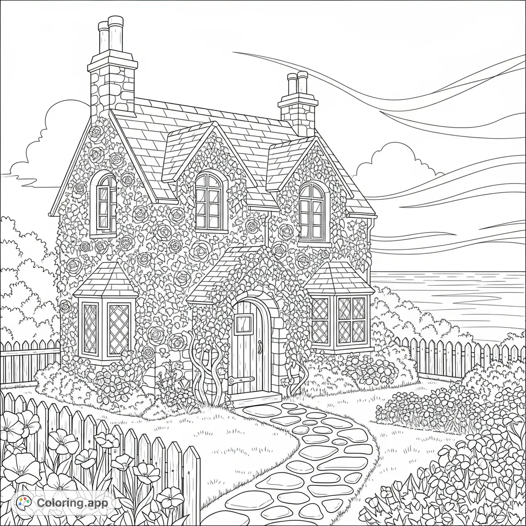 A charming coastal garden cottage with intricate climbing vines, blooming flowers, and a distant, serene ocean under a gentle breeze. Perfect for detailed coloring.